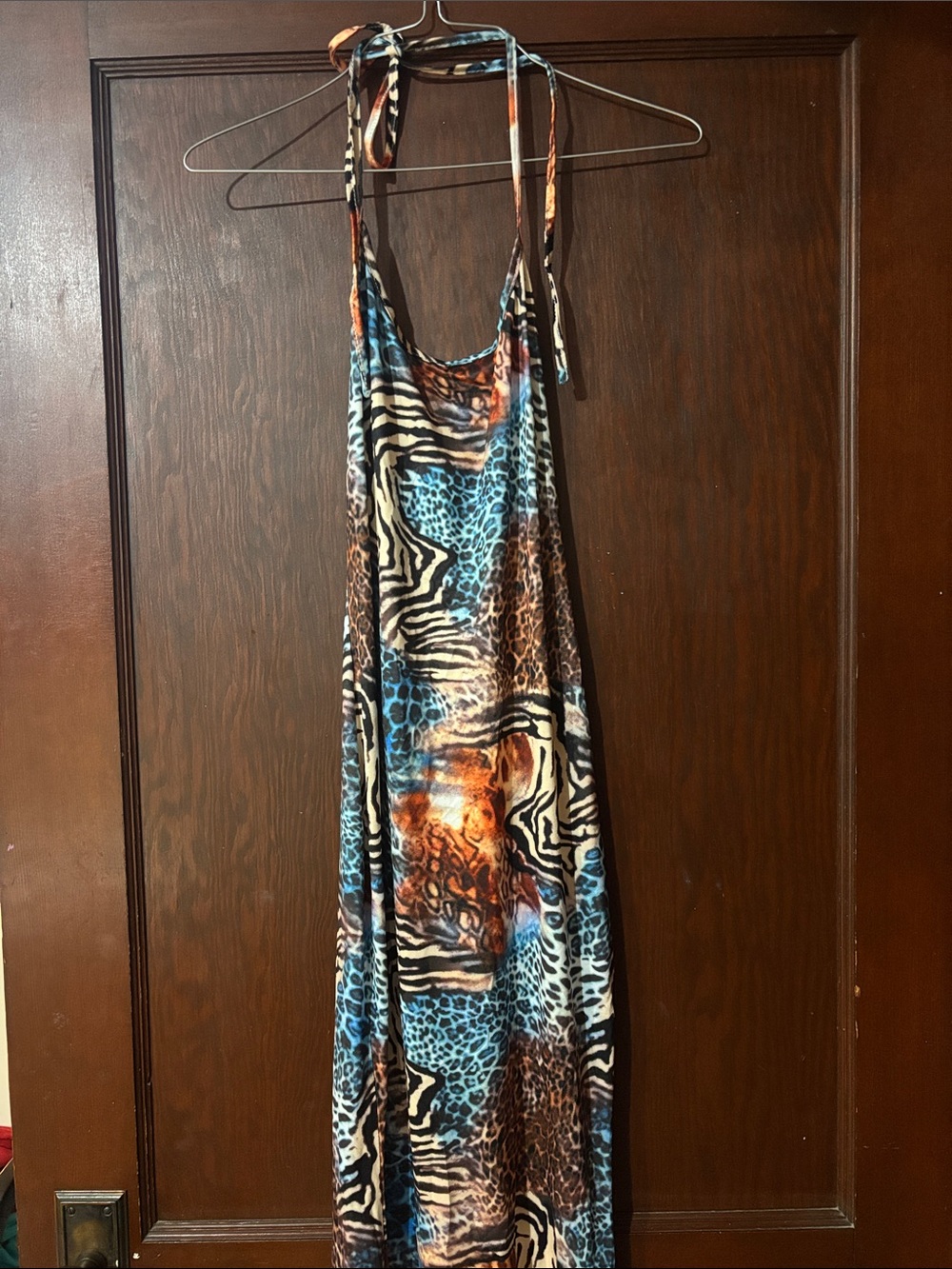 Halter Animal Print Maxi Dress in Blue & Brown